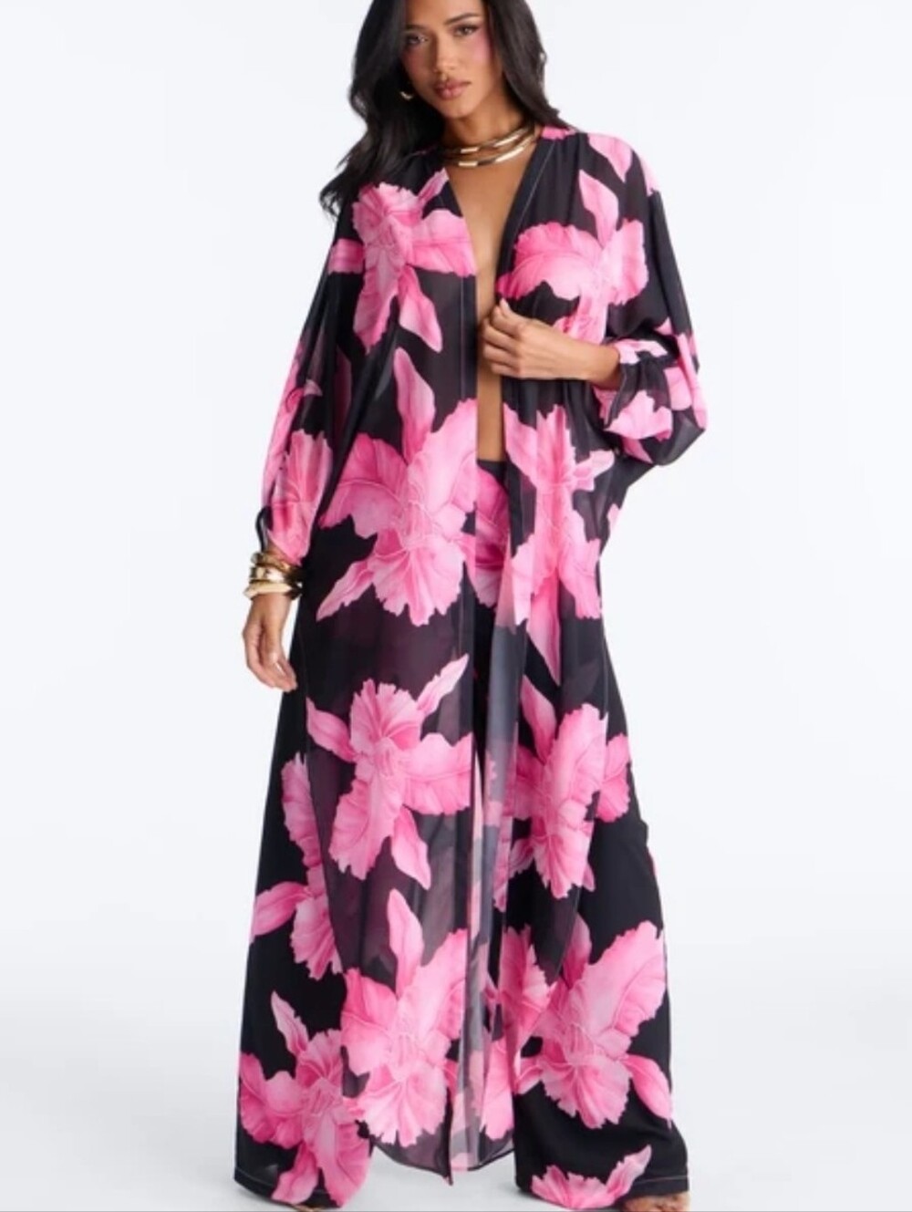 Floral Pink & Black Sheer Dusrer And Pants 2pc Set Sz 2x